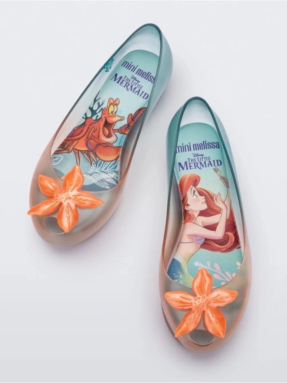 Mini Melissa The Little Mermaid Jelly Flats in Teal with Orange Flower Accent